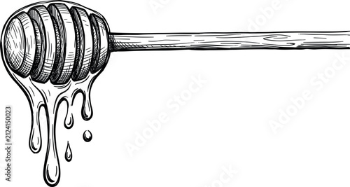 Foto Hand drawn engraved style honey dipper vector illustration with sweet liquid dri