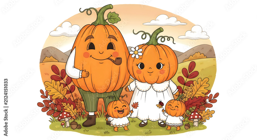 Fototapeta premium Cute vintage style illustration of a happy family celebrating the hallowen autumn holiday