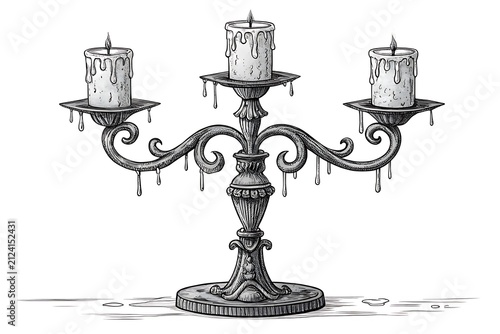 Elegant gothic style three arm candle holder with dripping wax