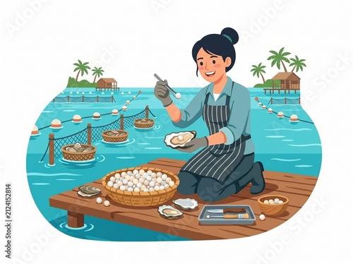 Woman harvesting pearls from oysters at a tropical pearl farm illustration