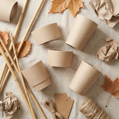 Top view of brown paper cups with dry autumn leaves and twine string on a light grey textured surface. compostable sleeve designs