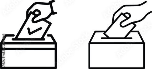 Hand putting vote paper with checkmark sign in ballot box icon. Voting, election, survey icon, election, ballot box, survey, illustration, ballot box, House of Councilors election, polling station, pa