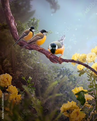 Tit birds sitting on tree branch and yellow rose flower blooming in fantasy misty garden, mysterious fairy tale dreamy early foggy morning background with flock of three cute songbirds perched on twig