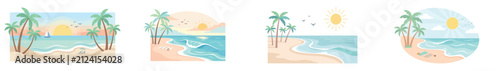 Set of tropical beach illustrations with palm trees, ocean waves, and sunny skies for summer designs