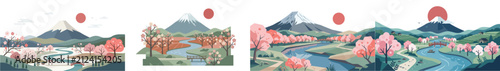 Japanese landscape background vector set featuring Mount Fuji cherry blossom trees river and sun illustration