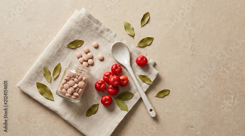 Fresh red cherries and nuts on a rustic wooden tray. organic acerola tablets