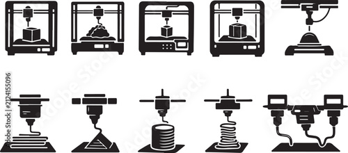Set of isolated icons representing various advanced industrial 3d printers.