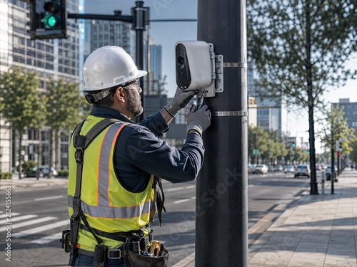 Technician Installing Smart Traffic Sensor