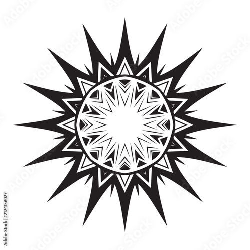 Black tribal sun vector graphic with sharp rays and geometric circular pattern for tattoo design and decorative branding