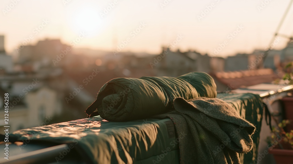 Fototapeta premium Low angle of a rolled sleeping bag and wool blanket airing outdoors beside a quiet campsite, framed in warm cinematic light with plenty of negative space