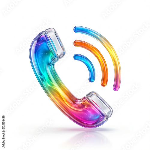 Glass phone receiver icon with vibrant rainbow colored sound waves.