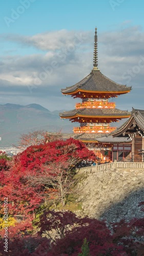 Kyoto Japan time lapse at Kiyomizu dera temple in autumn season (vertical)