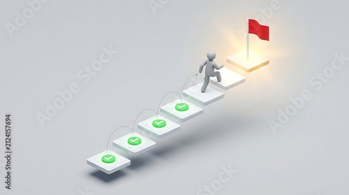 Businessman climbing success staircase with glowing red flag. Professional reaching career goals and corporate achievement milestone.