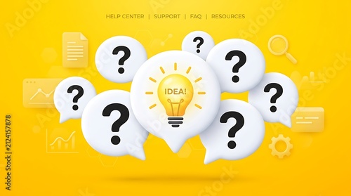 Bright idea concept with glowing lightbulb and question marks. Creative problem solving and innovation with illuminated solution symbol on yellow b...