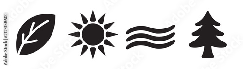 Four flat vector icons showing leaf sun wavy lines and evergreen tree for nature themed design.