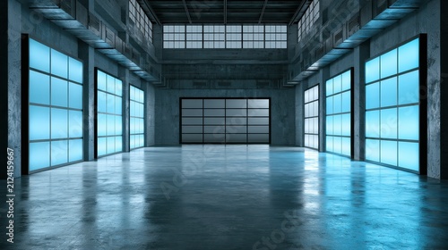 Obraz na płótnie Empty tech showroom with glowing blue wall panels