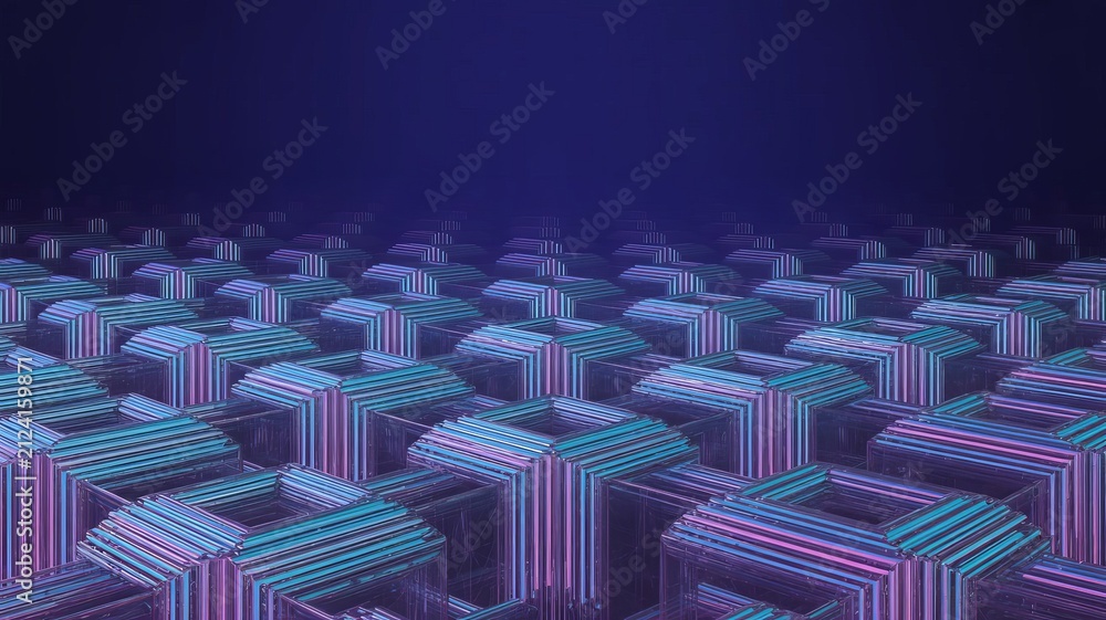Fototapeta premium Repeating pattern of 3d cubes featuring striped edges in shades of pink, blue, and purple, arranged in a grid formation against a deep blue background, creating a rhythmic and textured visual effect