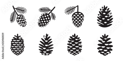 Quadro su tela Set of eight pine cones and fir branches silhouettes for natural forest theme designs