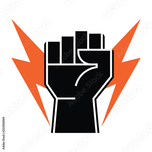 Картината върху платно Black raised fist with orange lightning bolts symbolizing power and energy