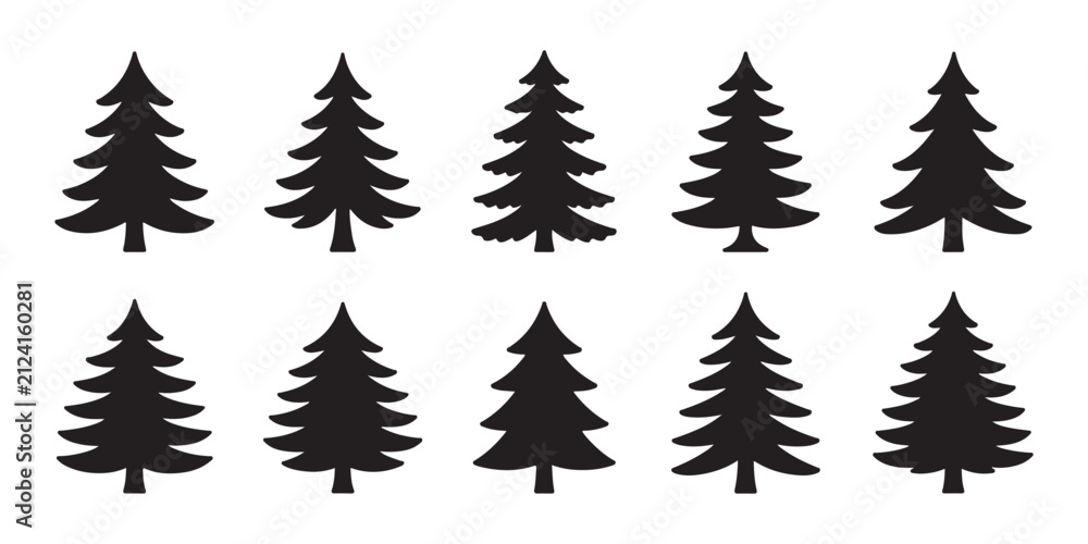 Obraz premium Set of ten coniferous pine tree icons for graphic design projects in a flat black vector silhouette.