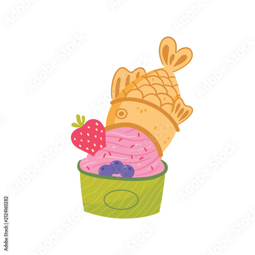 Taiyaki ice cream in a green cup with strawberries and berries, colorful Japanese kawaii dessert vector illustration isolated on white background