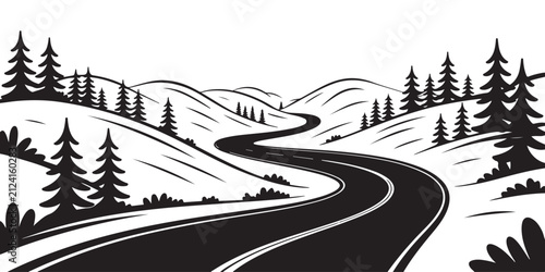 Winding road through rolling hills and stylized pine trees on transparent background.