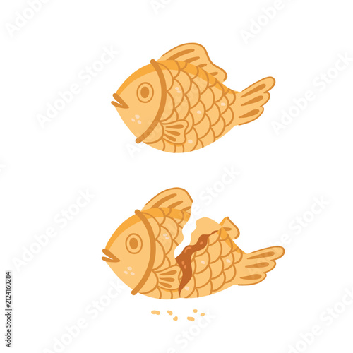 Two taiyaki fish pastries, one broken in half to reveal a delicious filling, Japanese street food vector illustration isolated on white background