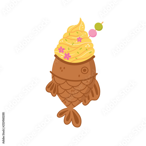 Chocolate taiyaki ice cream with mango and dango on a yellow background, colorful Japanese kawaii dessert vector illustration isolated on white background