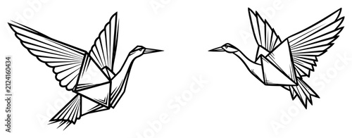 Origami crane birds flying in geometric paper folding style