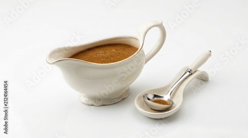 Ceramic gravy boat filled with brown sauce and a matching spoon on rest tableware culinary saucepan container homeware gastronomy hospitality kitchenware porcelain preparation accessorize