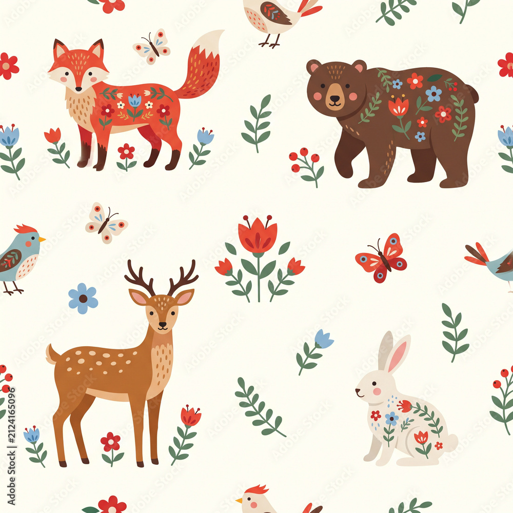 Fototapeta premium Whimsical Forest Creatures: A charming illustration featuring a delightful arrangement of woodland animals including a fox, bear, deer, and rabbit, adorned with floral patterns.