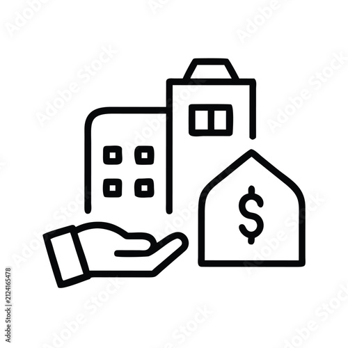 Real estate building purchase icon with dollar sign.