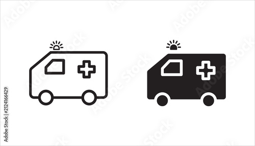 Modern ambulance icon set, collection with outline and solid styles. Ideal for healthcare, emergency services, hospitals, first aid, medical apps, and web interfaces.