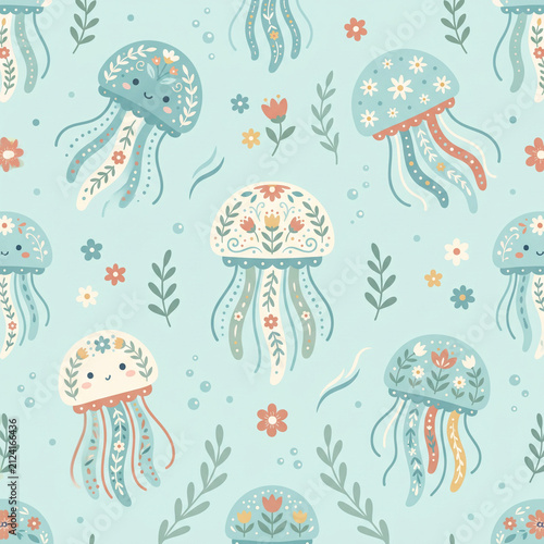 Whimsical Jellyfish Pattern: A delightful and seamless pattern featuring charming, illustrated jellyfish adorned with floral motifs, set against a soft blue, bubbly background.