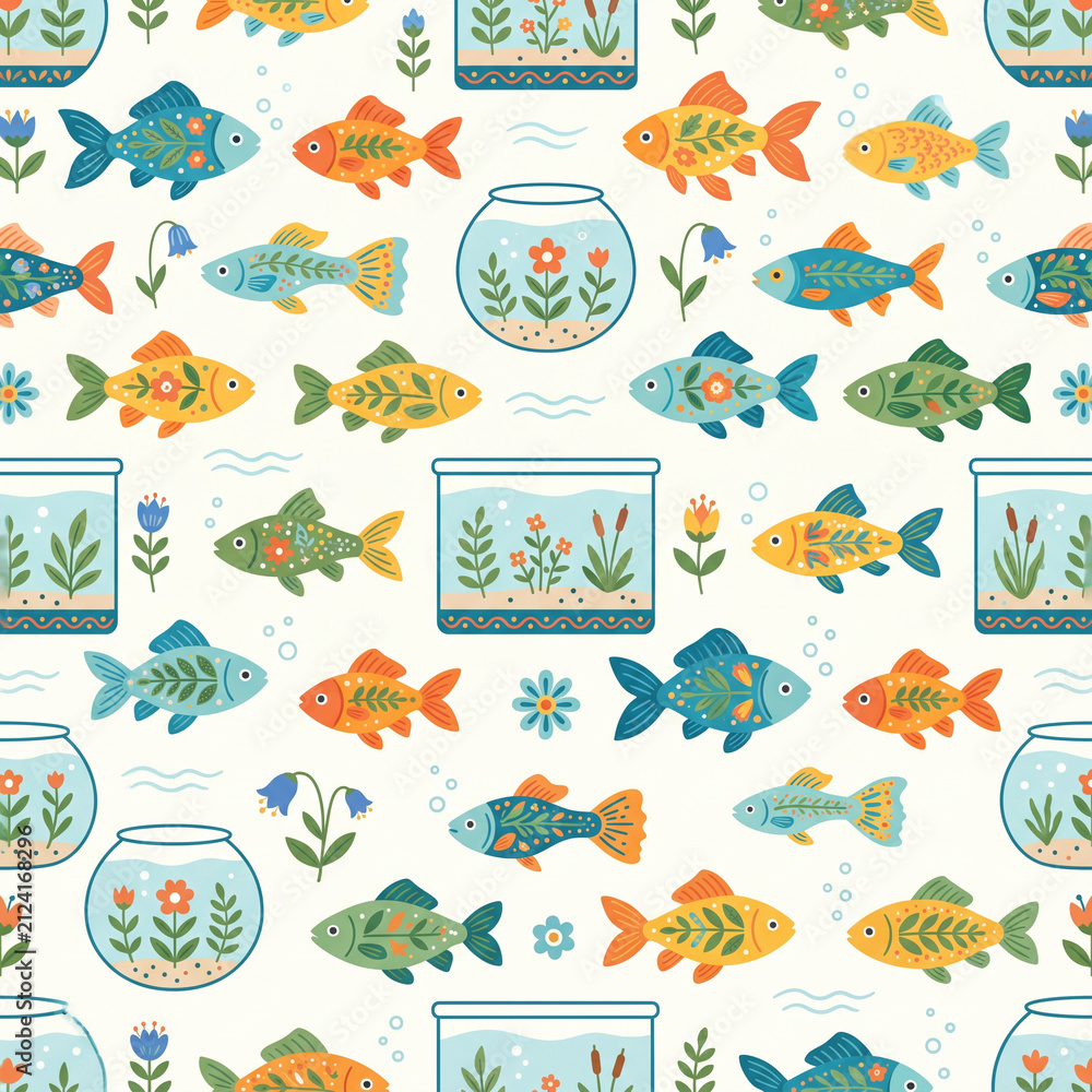Naklejka premium Whimsical Goldfish Pattern: A charming, seamless pattern features a variety of colorful, stylized goldfish swimming around decorative aquariums and delicate floral accents.