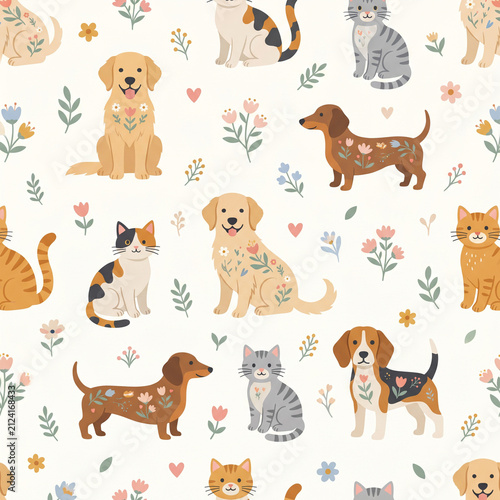 Cute Pets and Flowers Pattern: A charming seamless pattern featuring adorable dogs and cats interspersed with delicate floral elements, perfect for textiles and design.