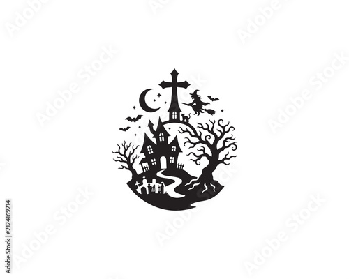 Black silhouette illustration of a spooky haunted house with a witch and a graveyard for halloween