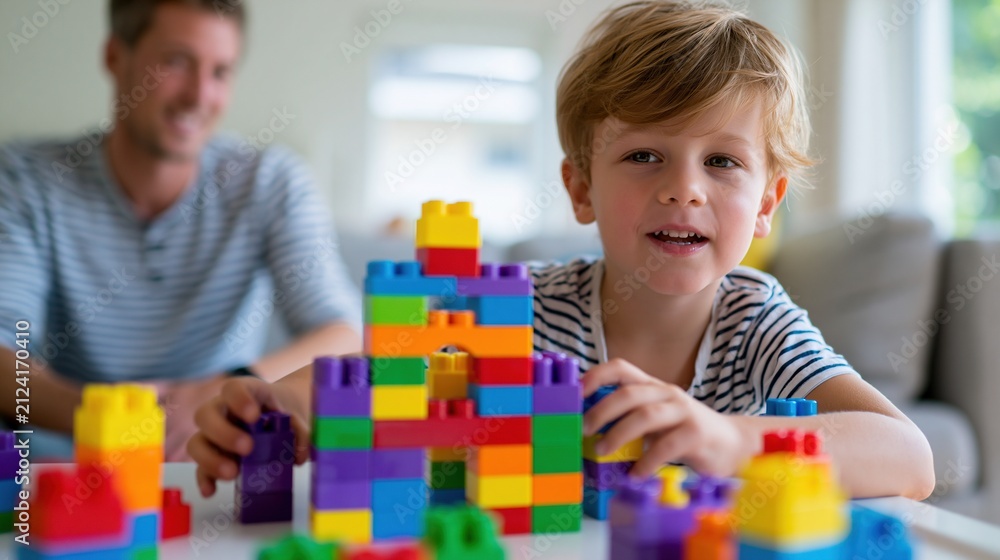 Fototapeta premium Father and son building colorful structures with Lego blocks