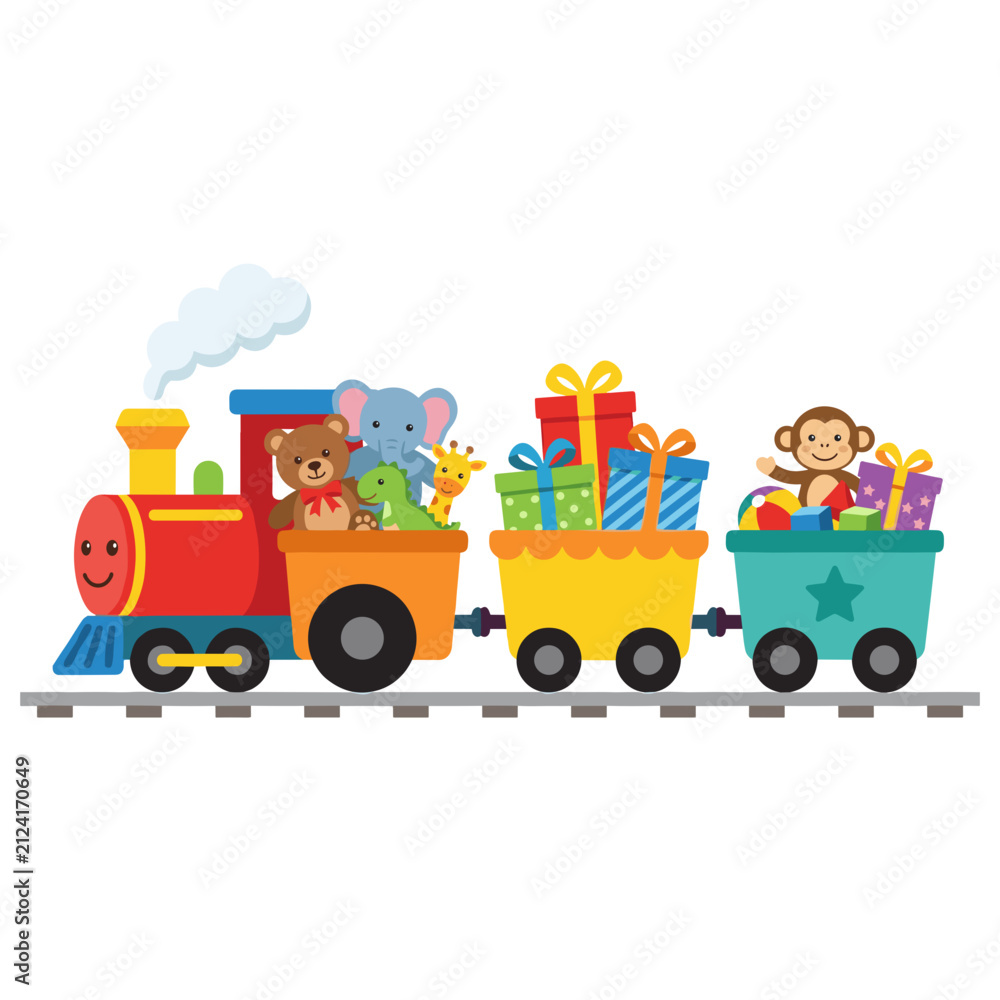 Naklejka premium Cute cartoon train carrying stuffed animals and gift boxes on white background