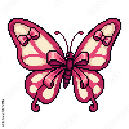 Pixel Art Pink Butterfly with Bows and Cream Colored Wings Isolated on White Background