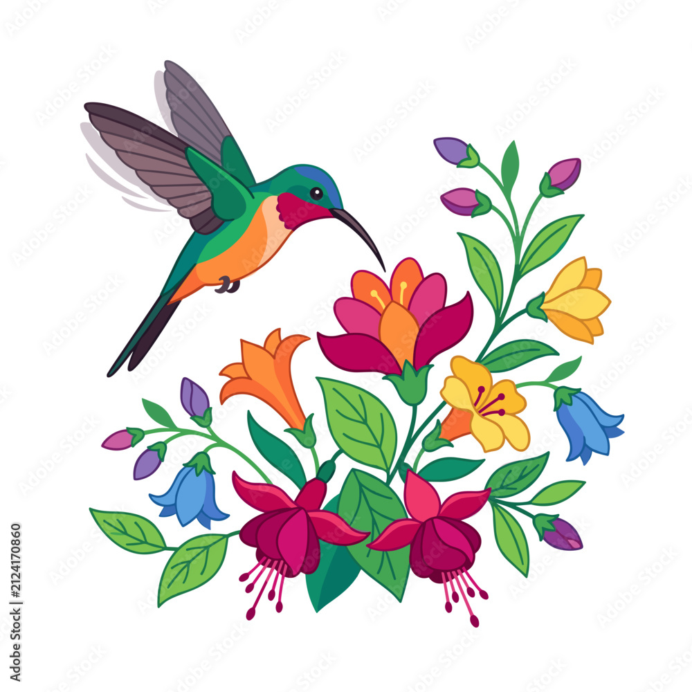Fototapeta premium Vibrant hummingbird feeding on colorful flowers in a stylized illustration with a white background