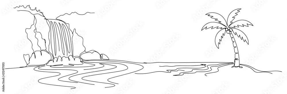 Fototapeta premium Tropical waterfall landscape with palm tree and water stream in minimalist continuous line art style