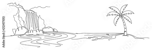 Tropical waterfall landscape with palm tree and water stream in minimalist continuous line art style