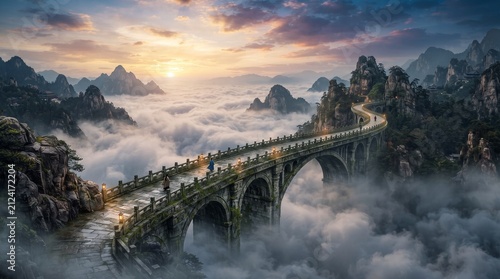 Ancient stone bridge arching over misty mountains at sunrise a pathway through clouds fantasy landscape for travel and adventure concepts