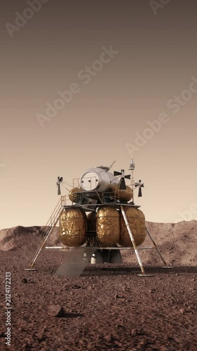 3D animation of a robotic landing module on the surface of Mars. Detailed spacecraft standing on the rocky terrain under the dusty Martian sky in a realistic planetary exploration scene.