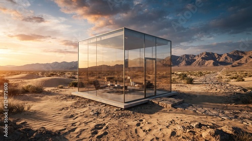 Modern glass cube house in a desert landscape at sunset minimalist architecture concept for remote living and eco-friendly design