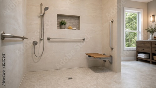 Accessible and Modern Bathroom Design with Safety Features and Natural Light
