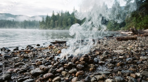 Smoke rising from a campfire on a rocky shore by a misty lake surrounded by evergreen forest evoking nature and tranquility