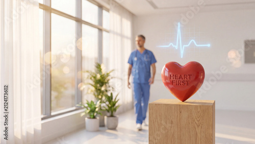 Practitioner walks through a bright modern clinic past a pedestal displaying a red heart symbol with an electrocardiogram line.