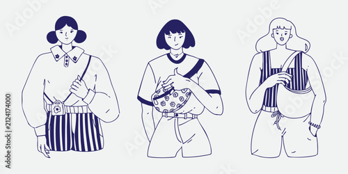 Three women wearing casual outfits and accessories, hand drawn fashion illustration set.